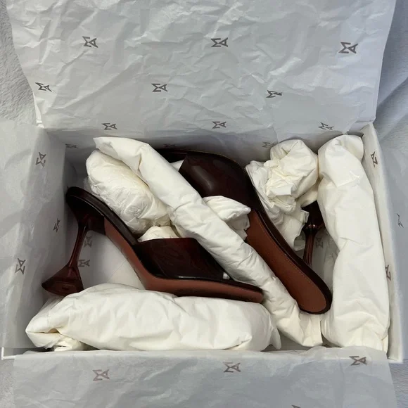 Authentic Amina Muaddi Lupita Glass mules in a rich wine / burgundy tone. - Picture 5 of 7